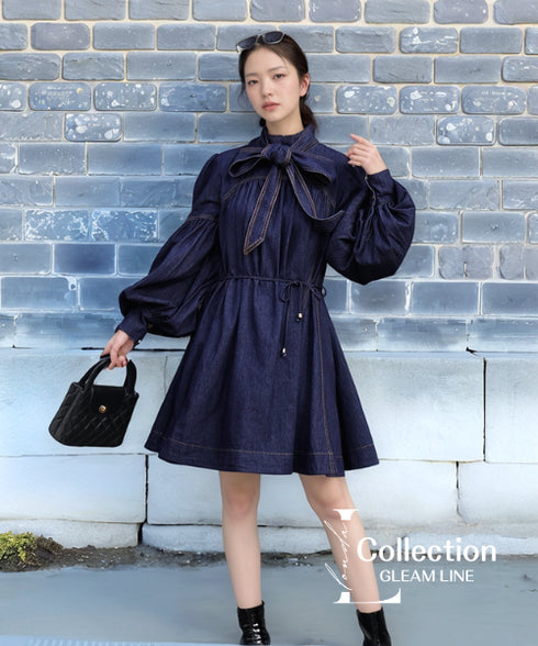 Stand Collar Ribbon Bow Denim Dress